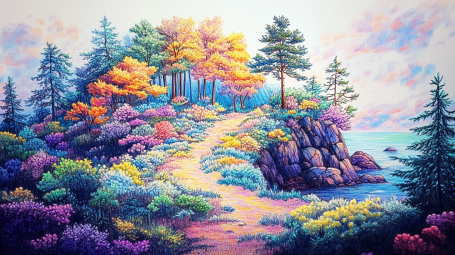 colored pencil illustration of wooded path